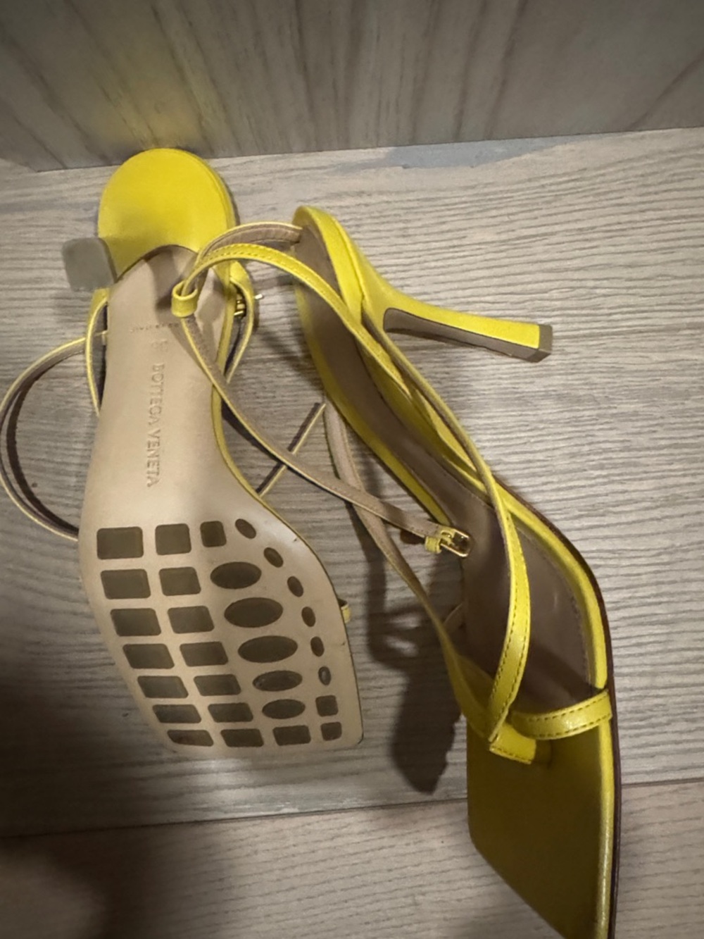 Bottega Veneta Bright Yellow Strappy Square-Toe Heels - Picture 3 of 4